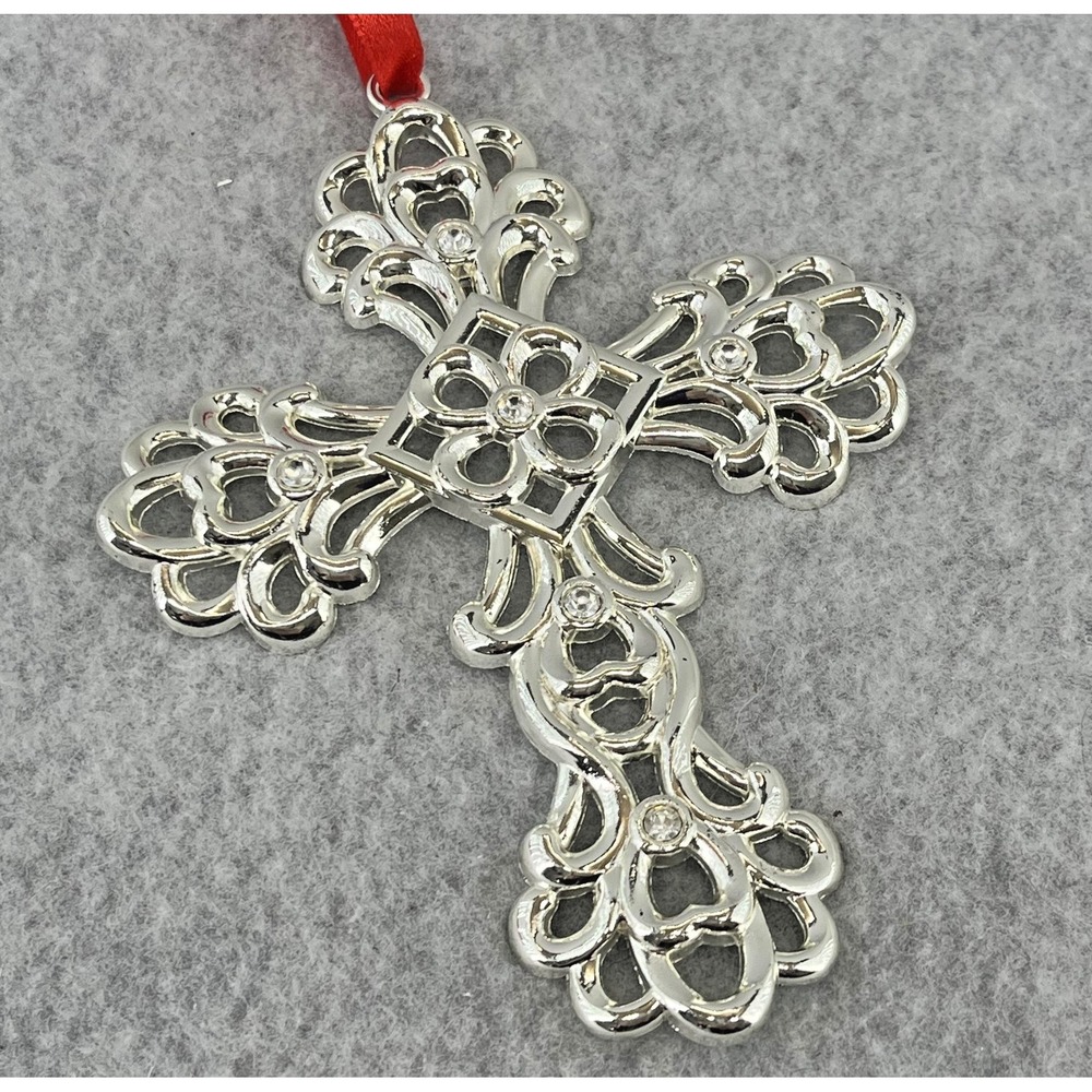 Lenox Silver Cross Christmas Tree Ornament Metal Religious Hanging Decor Box